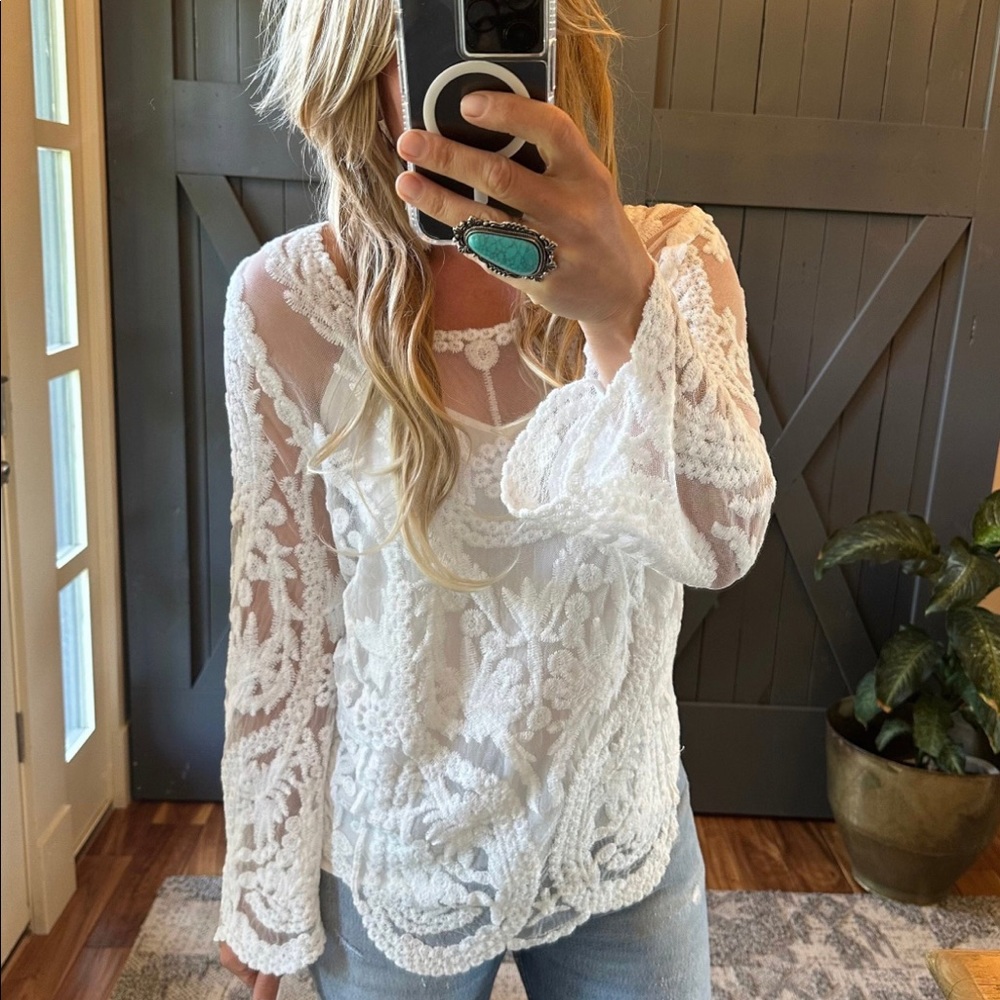 New White Lace Long Sleeve Gypsy Boho Blouse Top Feminine Sexy Women's Shirt - Picture 2 of 8